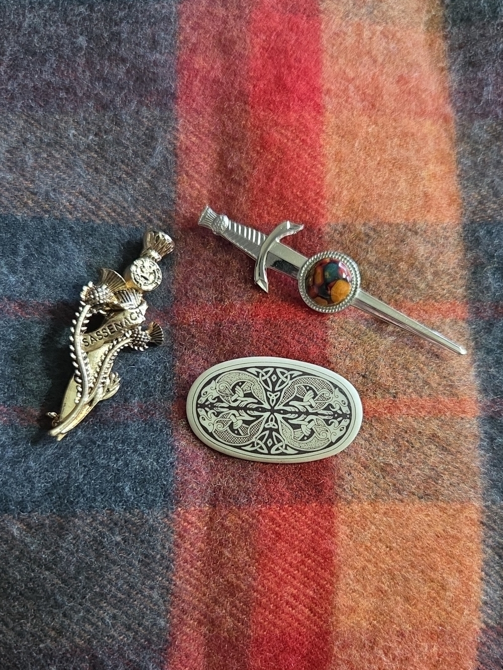 Goldtone Sword With Thistle, Silvertone Sword & Handcrafted Celtic Brooch Lot